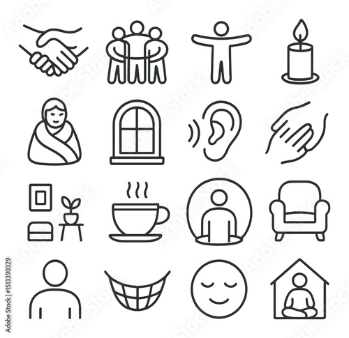 Wellness and relaxation icon collection in linear style. calm and mindfulness symbols