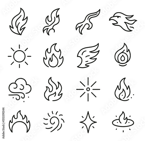 Fire and flame linear icon collection for design. blaze and heat symbol set