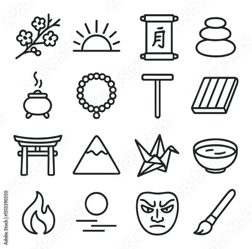 Japanese culture icon collection: linear, traditional, and cultural symbols set