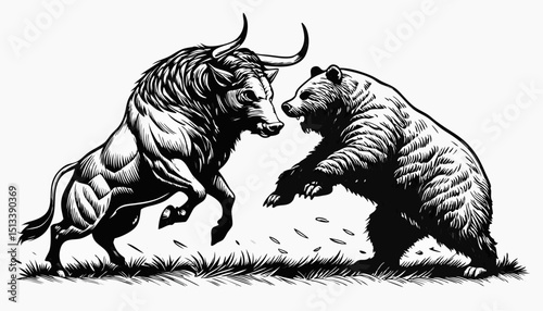 Bull and bear fighting in an aggressive stance on grassy ground – antique engraving style  