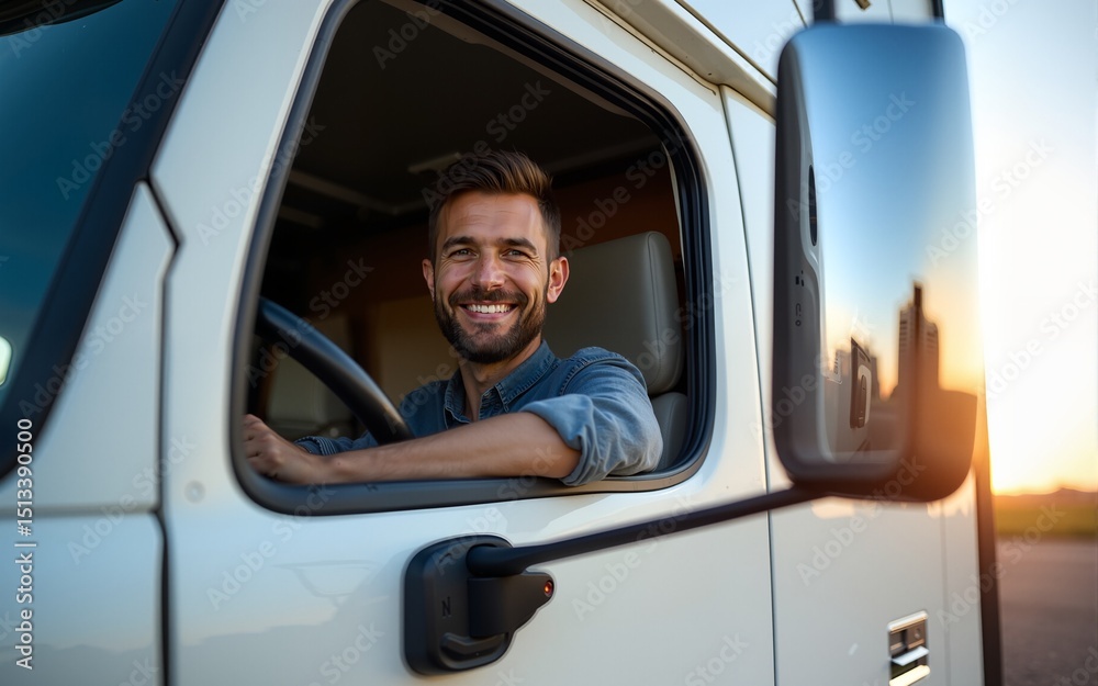 Happy truck driver looking through side window while driving his truck. High quality Happy truck driver looking through side window while driving his truck. High quality