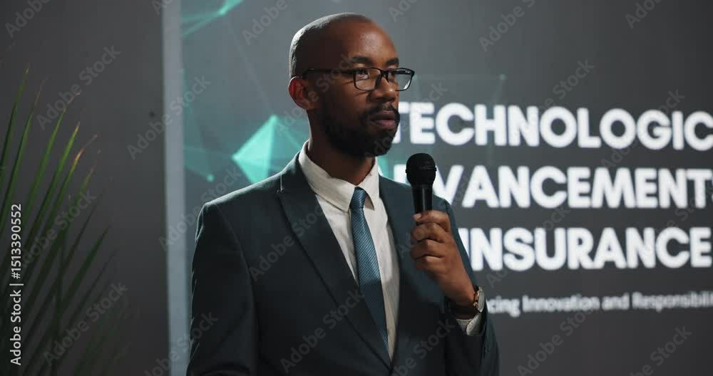 Presenter, black man and speech at conference event for technological advancements in insurance. Public speaking, presentation and live summit, automation pitch and claims process for fraud detection