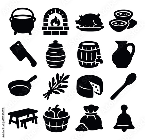 Medieval culinary icon collection: silhouette style for ancient cooking and kitchen tools