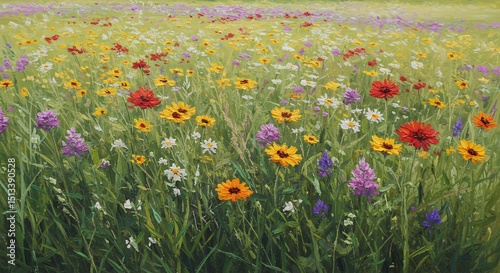 Vibrant Flower Field Painting with Red Yellow Purple and White Flowers