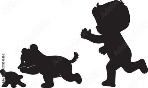 Silhouette Illustration of Child Chasing Bear Cubs on Black Background, Playful Childhood Memories, Joyful Outdoor Adventures, Vector Art