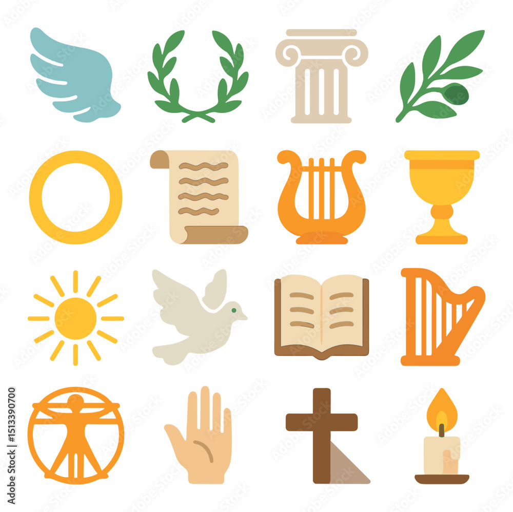 Naklejka premium Ancient greece flat icon collection. mythology and culture symbol set