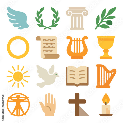 Ancient greece flat icon collection. mythology and culture symbol set