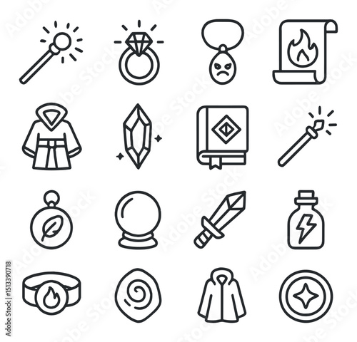 Rpg linear style icon collection for game design and role-playing adventures