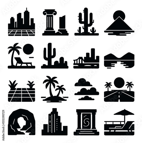 Architecture and landscape silhouette icon collection. cityscape and nature symbols set