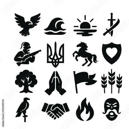 Nature and travel silhouette icon collection. outdoor adventure and wildlife symbols
