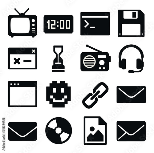 Vintage technology silhouette icon collection. retro gadget, tech symbol set