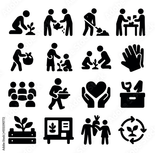 Community and volunteer activities icon collection. silhouette style, social impact set