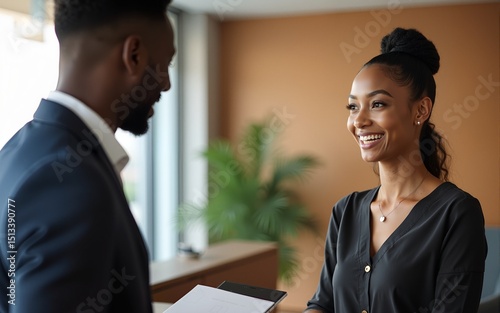 Happy receptionist assisting black male guest who is checking in at hotel. High quality