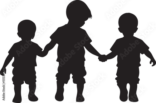 Silhouette Illustration Three Young Children Holding Hands Playtime Childhood Friendship Togetherness Joyful Bonding Black Background