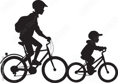 Silhouette of Father and Son Biking Together on a Black Background, Promoting Family Fitness and Outdoor Activities