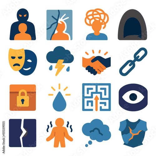 Mental health support flat icon collection. wellness and therapy symbols set