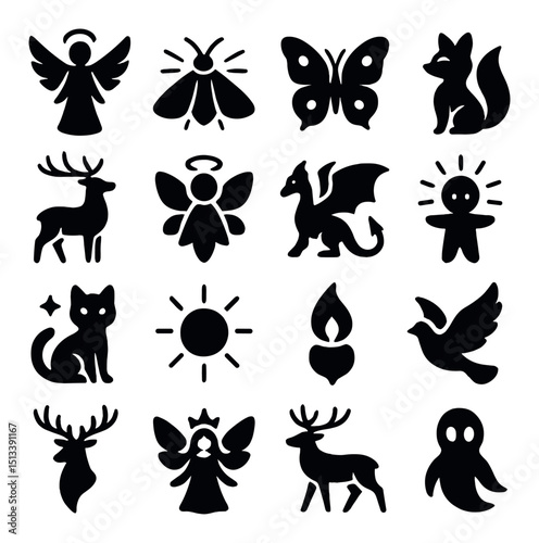 Fantasy and nature silhouette icon collection. mythical creatures and wildlife set