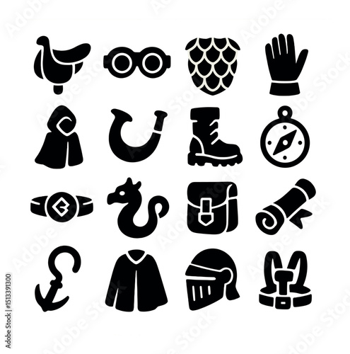 Medieval adventure icon collection in silhouette style. fantasy and historical set