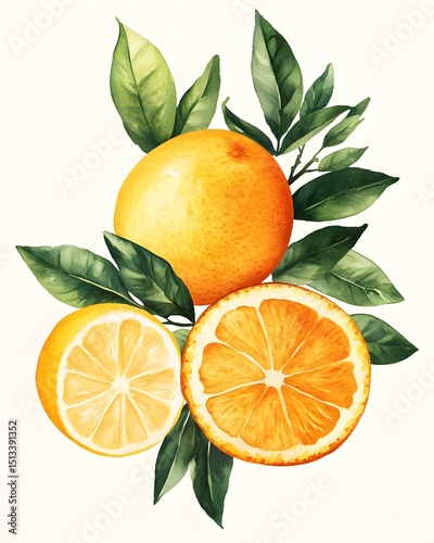 Watercolor fruit composition with orange, lemon, and leaves