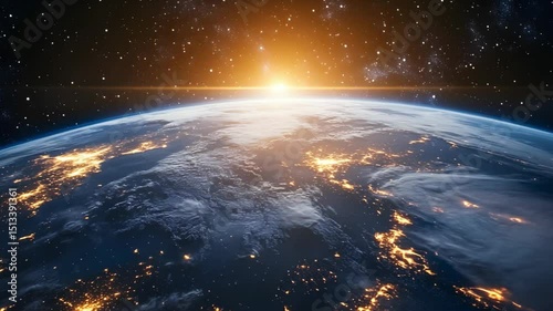 Sunrise Over Earth from Space with Glowing Cities. Video Generative AI.