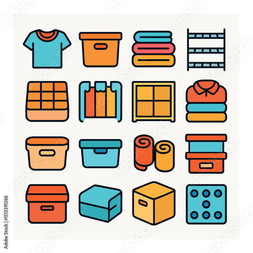 Storage and organization flat icon collection. home, office decluttering set