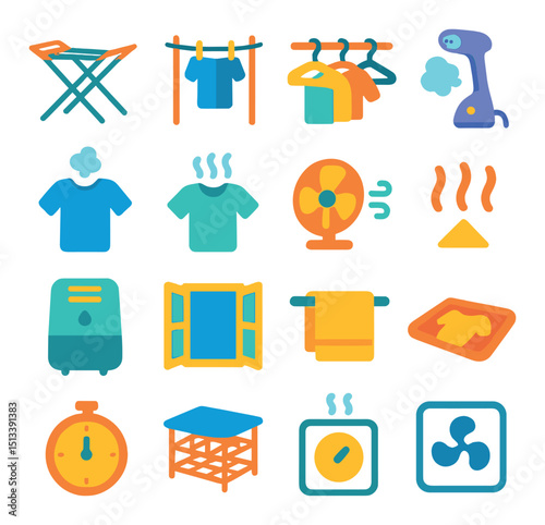 Laundry and home flat icon collection. housework, cleaning, and chores set