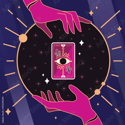 Fortune teller's hands with Magic cards on a cosmic background.The all-seeing eye in tarot cards.
