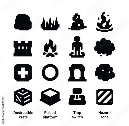 Game adventure icon collection: silhouette style for gaming and interactive design