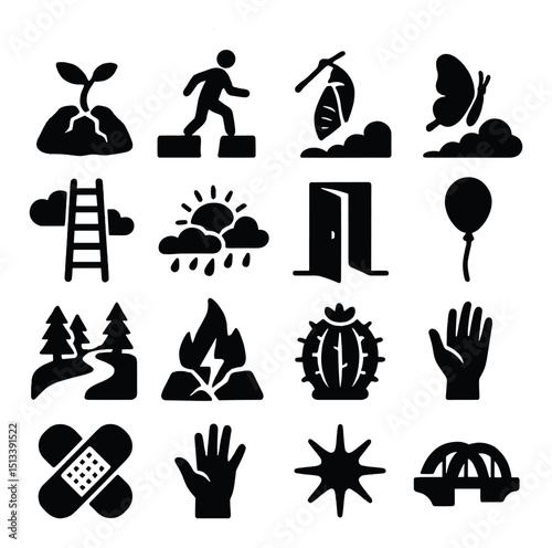 Nature and adventure silhouette icon collection. outdoor, wildlife, exploration set