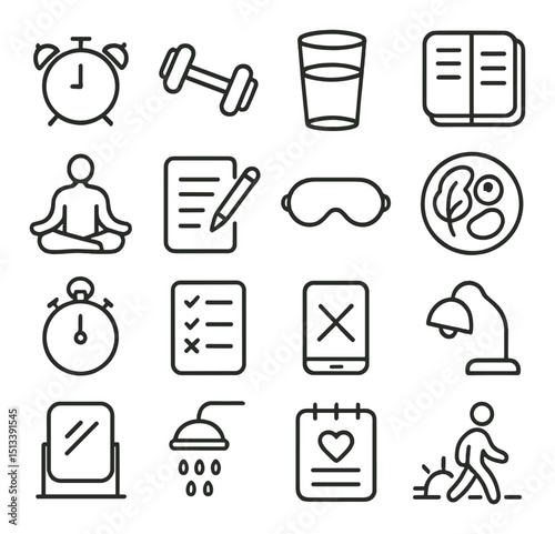 Daily routine linear icon collection. lifestyle, habit, and wellness symbols set