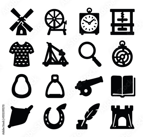 Medieval tools silhouette icon collection. antique equipment and historical artifacts set