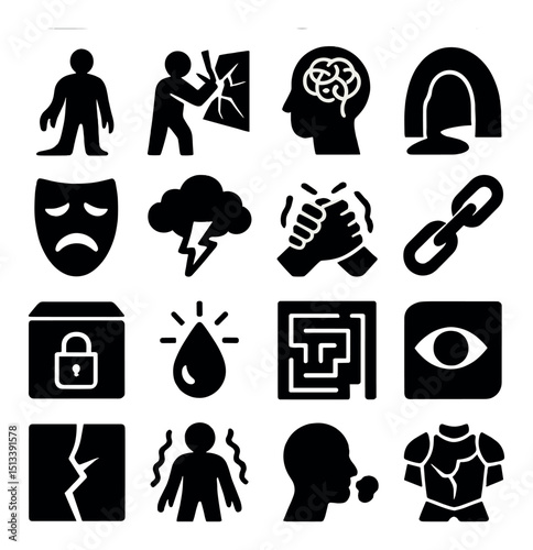 Mental health icon collection: silhouette style for wellness and emotional support themes