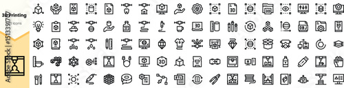 A collection of line icons representing various aspects of D printing technology, featuring tools, products, and processes in a cohesive design.