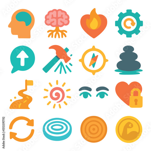 Mindfulness and wellness flat icons collection. meditation and relaxation symbols set
