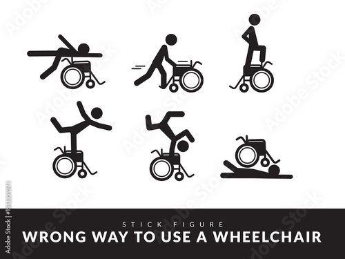 Wrong Way to use a wheelchair. Isolated Vector Illustration. Stick Figure Illustration.