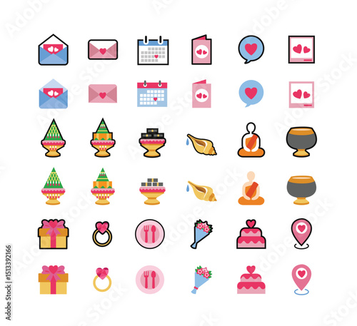 Traditions Thai Wedding Ceremony icon set.