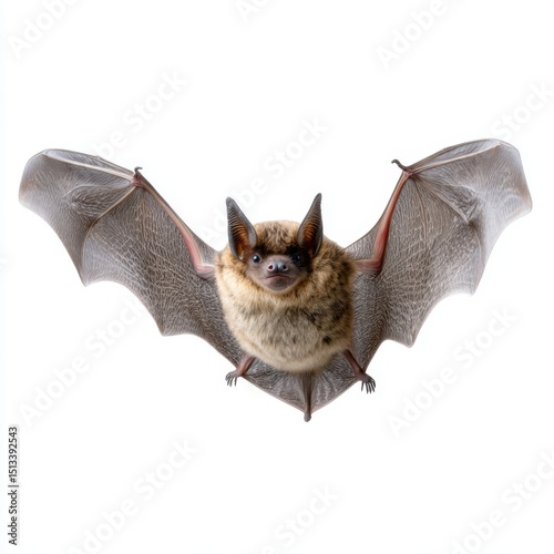 Little brown bat in flight white background