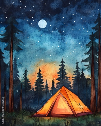 Watercolor camping scene with tent and night sky