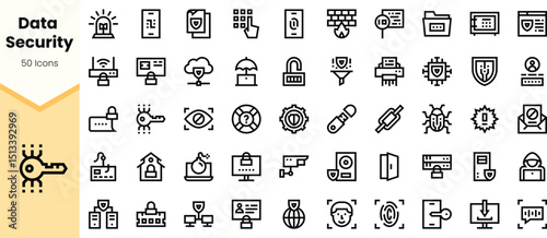 A collection of black icons representing data security concepts, including locks, shields, and various cyber protection symbols.
