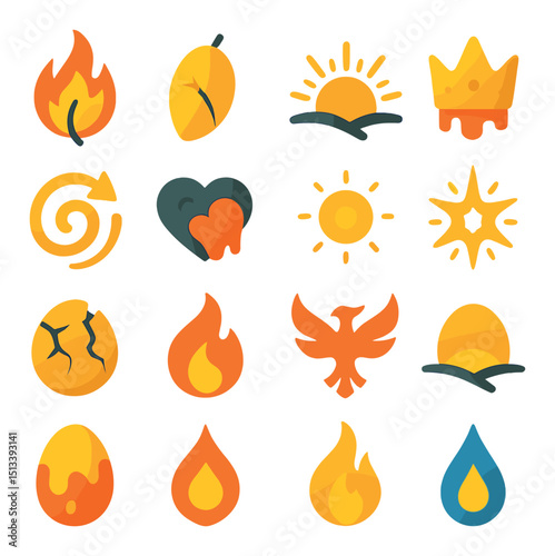 Fire and nature flat icon collection. flame, environment, and heat symbols set