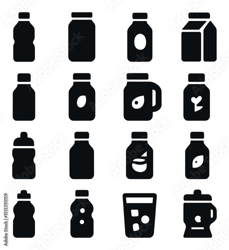 Beverage and smoothie silhouette icon collection. drinks and juices in flat style set