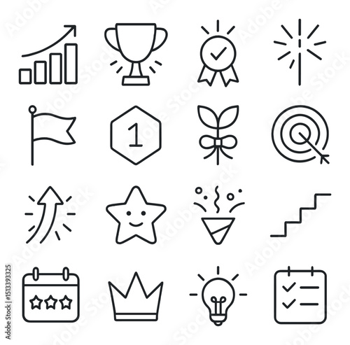 Business success and achievement icon collection. linear style symbols for growth and progress