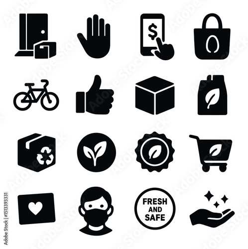 Eco-friendly lifestyle silhouette icon collection: sustainable, green living set