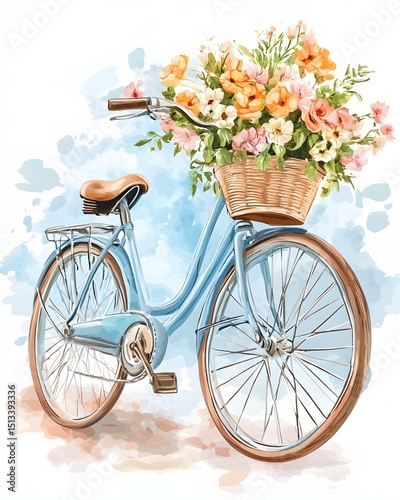 Fototapeta Naklejka Na Ścianę i Meble -  Vintage bicycle with basket of flowers in watercolor style