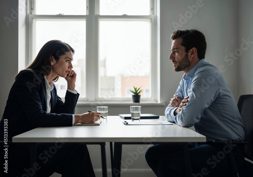 Two Professionals in Honest Conversation at Work, Tension and Empathy Across Table in Modern Office