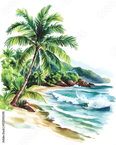 Tropical watercolor island with palm trees and waves