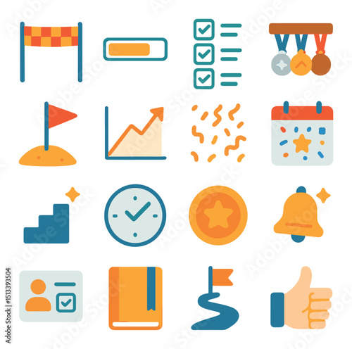 Business and productivity flat icon collection. office tools and work essentials set
