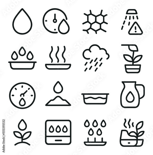 Water and weather linear style icon collection. hydration, climate, and nature symbols