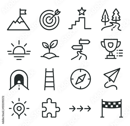 Adventure and exploration linear icon collection. travel, journey, and outdoor symbols