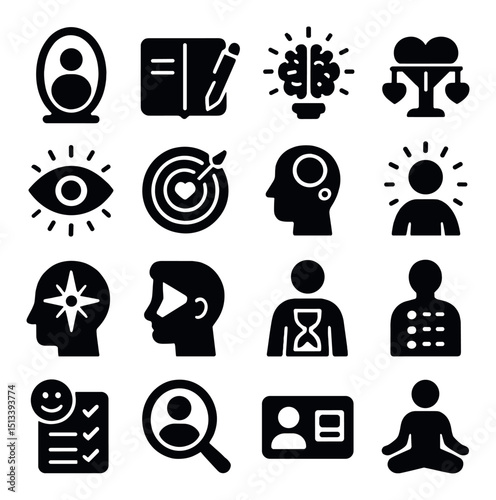 Health and wellness silhouette icon collection. fitness, meditation, and mindfulness pack